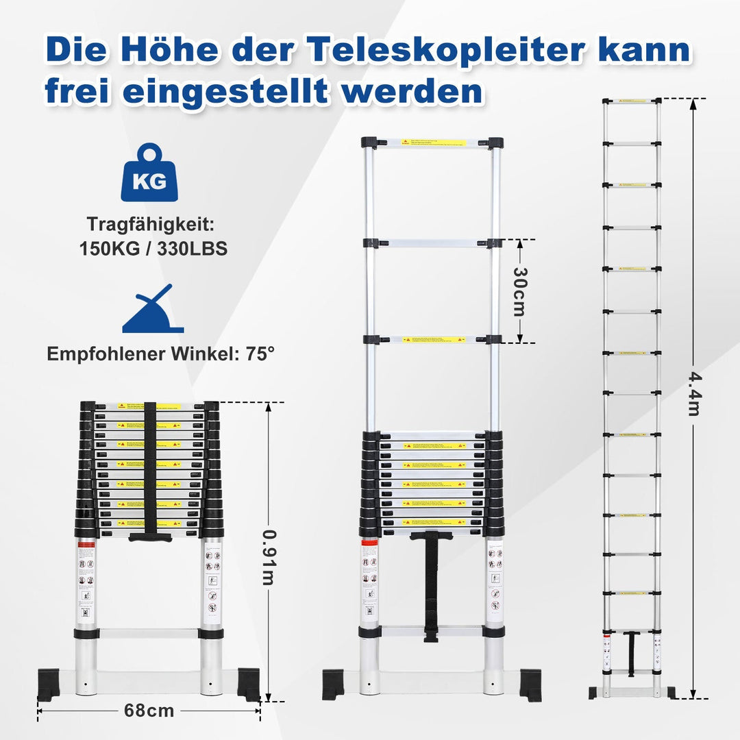 Teleskopisk stige Aluminium Belastning kapasitet opp til 150kg 2.6m-5m med stabilisator | Skanto