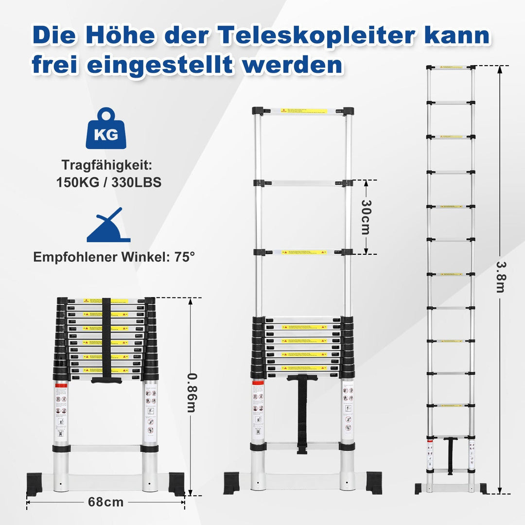 Teleskopisk stige Aluminium Belastning kapasitet opp til 150kg 2.6m-5m med stabilisator | Skanto