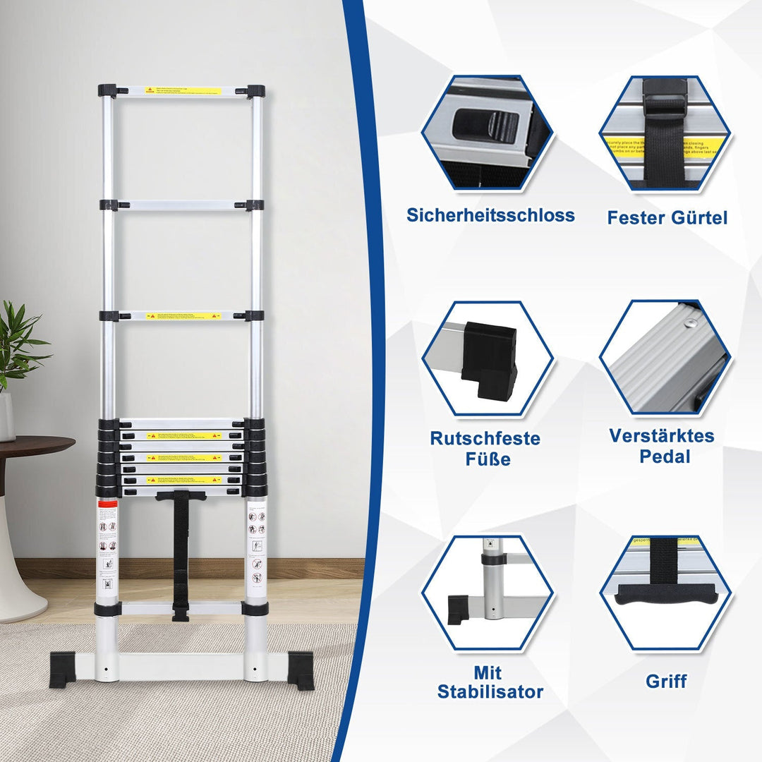 Teleskopisk stige Aluminium Belastning kapasitet opp til 150kg 2.6m-5m med stabilisator | Skanto
