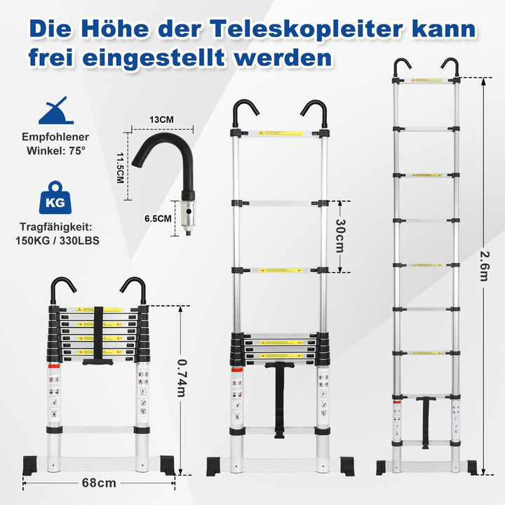 Telescopisk stige med 2 avtakbare kroker med stabilisator | Skanto