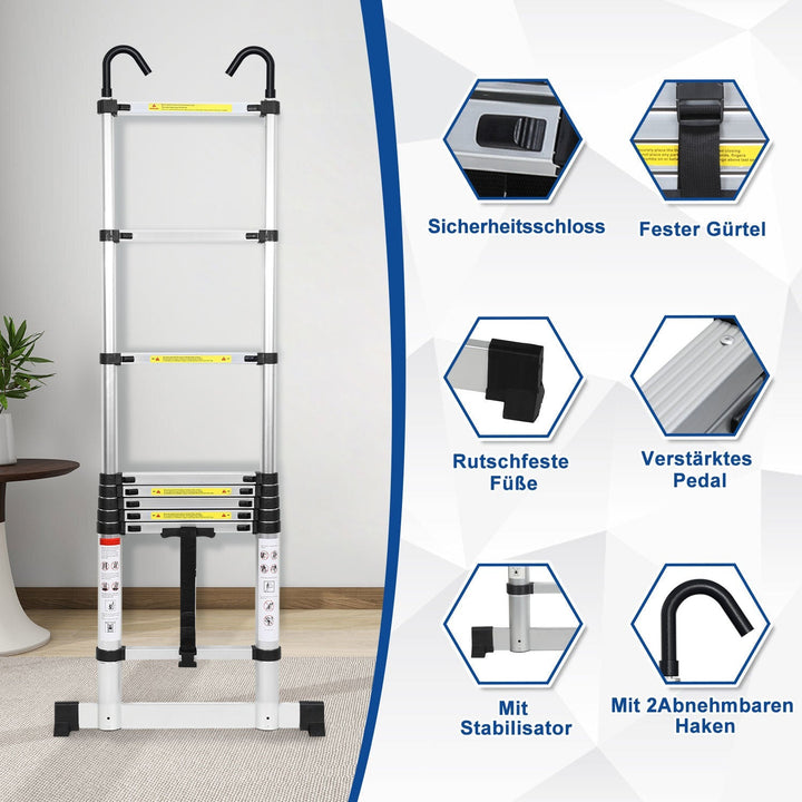Telescopisk stige med 2 avtakbare kroker med stabilisator | Skanto