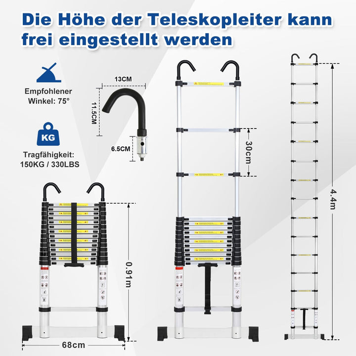 Telescopisk stige med 2 avtakbare kroker med stabilisator | Skanto