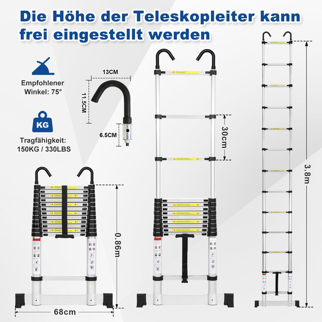 Telescopisk stige med 2 avtakbare kroker med stabilisator | Skanto