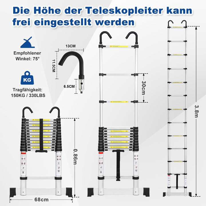 Telescopisk stige med 2 avtakbare kroker med stabilisator | Skanto