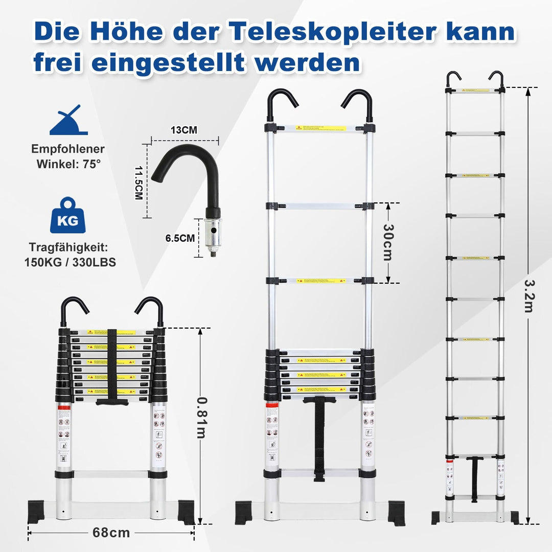 Telescopisk stige med 2 avtakbare kroker med stabilisator | Skanto
