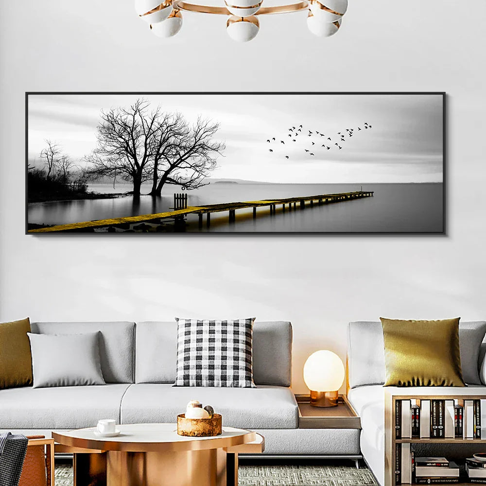 Ruhlig sjø Pier Bredformat Landskap Veggkunst Fine lerretsutskrifter Svart Hvit Bilder Av Ro For Over Sofabildet For Over Sengen | Skanto