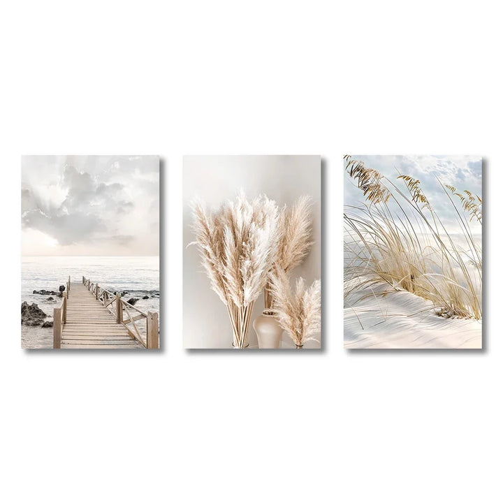 Ruhigende sjøgress strand kystlandskap veggkunst Fine kunstler lerret trykk Skandinaviske bilder av ro for inspirerende stuedekorasjon | Skanto
