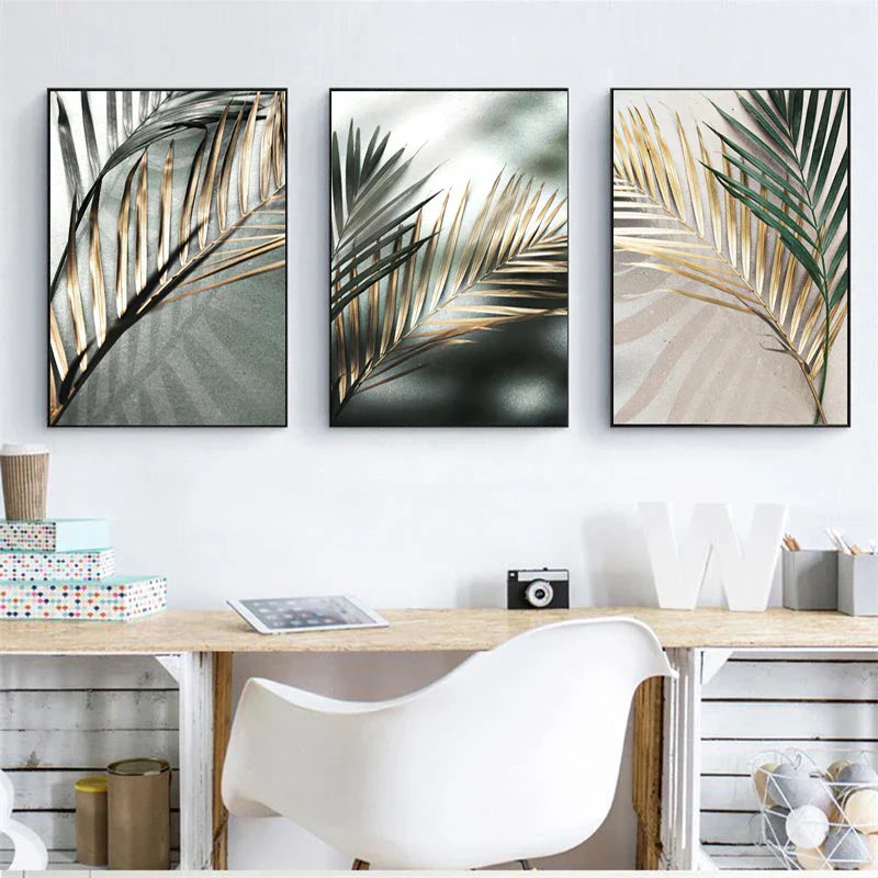 Tropisk grønn Gyldne palmeblader veggkunst Fine Art lerretsutskrifter Moderne botanikk plakatbilder for stue spisestue dekor | Skanto