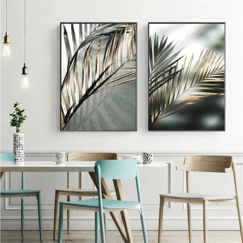 Tropisk grønn Gyldne palmeblader veggkunst Fine Art lerretsutskrifter Moderne botanikk plakatbilder for stue spisestue dekor | Skanto