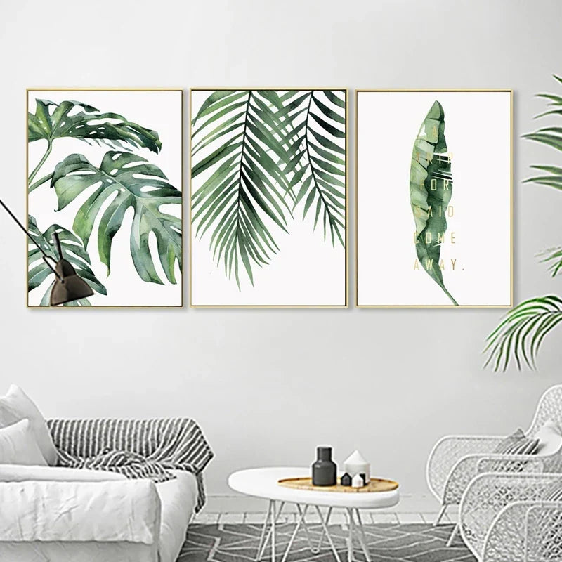 Tropiske grønne blader Monstera-bregne-palme veggkunst fin kunst lerretstrykk akvarellplakater bilder for stuen nordisk interiørdesign | Skanto