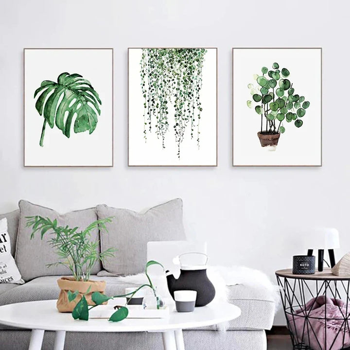 Tropiske grønne blader Monstera-bregne-palme veggkunst fin kunst lerretstrykk akvarellplakater bilder for stuen nordisk interiørdesign | Skanto