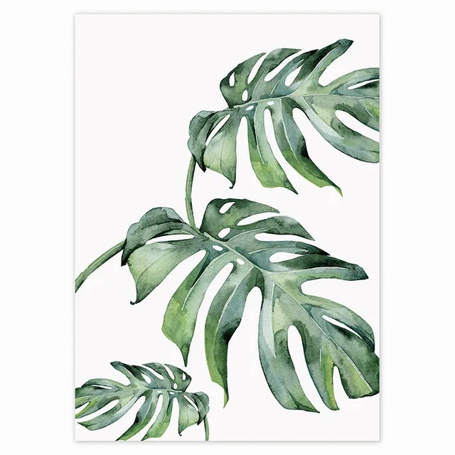 Tropiske grønne blader Monstera-bregne-palme veggkunst fin kunst lerretstrykk akvarellplakater bilder for stuen nordisk interiørdesign | Skanto