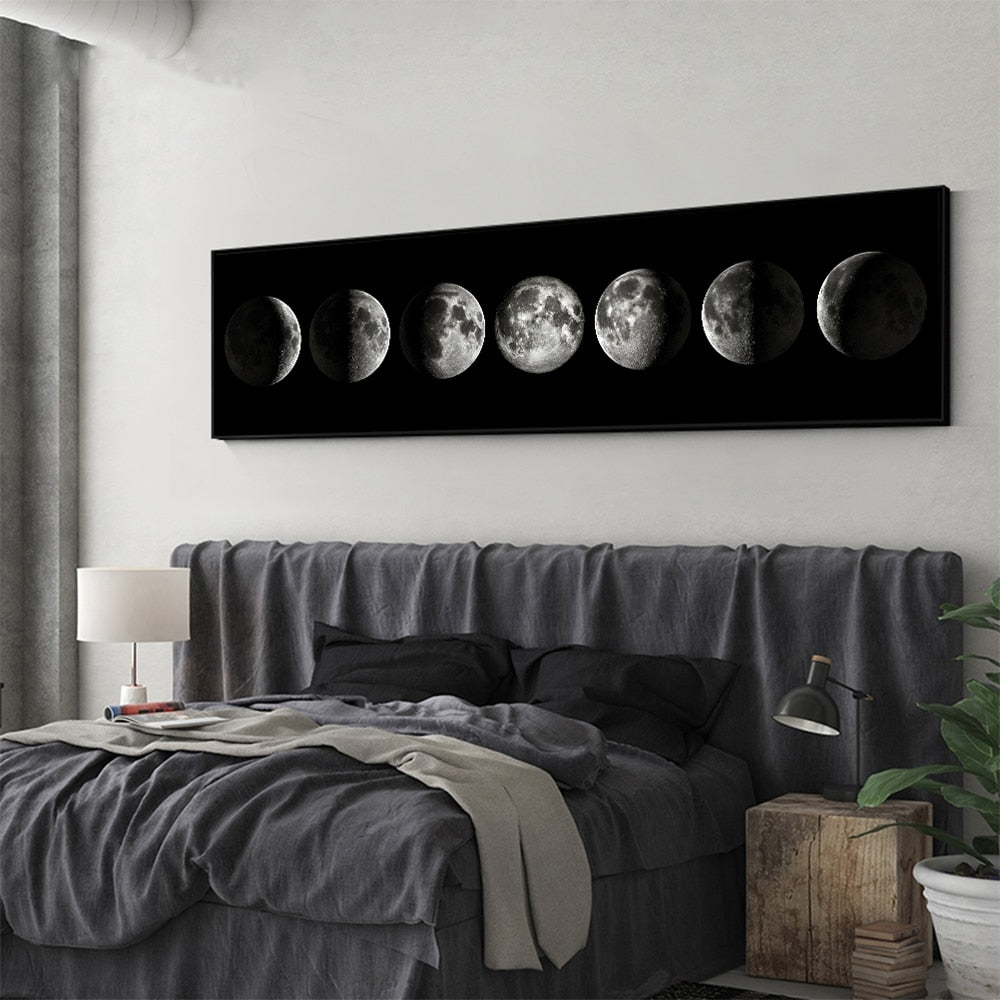 Moon Phases Wide Format Black White Wall Art Canvas Print Pictures For Bedroom Above Bed Living Room Decor | Skanto
