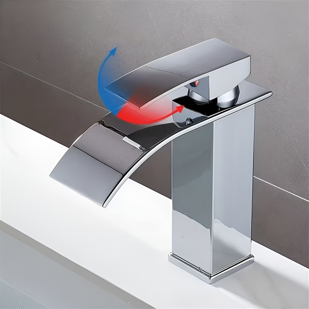 Blandebatteri i rustfritt stål for servant – fossefallstut med varmt og kaldt vann | Etthulls blandebatteri i Skantoack-design for badet