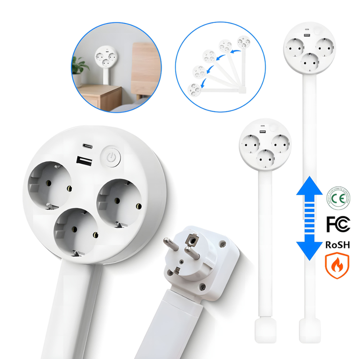 Skanto | Utvidbar Veggstikkontaktarm – Fleksibel Strømkilde med USB og Rotasjon