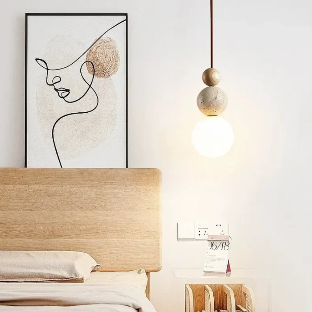 Skanto | Moderne Travertin og Mahogni Pendellampe - NaturaLuxe