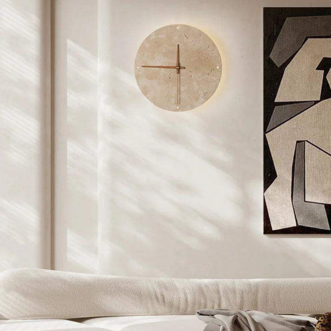 Travertin veggklokke med LED-belysning – Minimalistisk og dekorativ | Høykvalitets natursteinsklokke