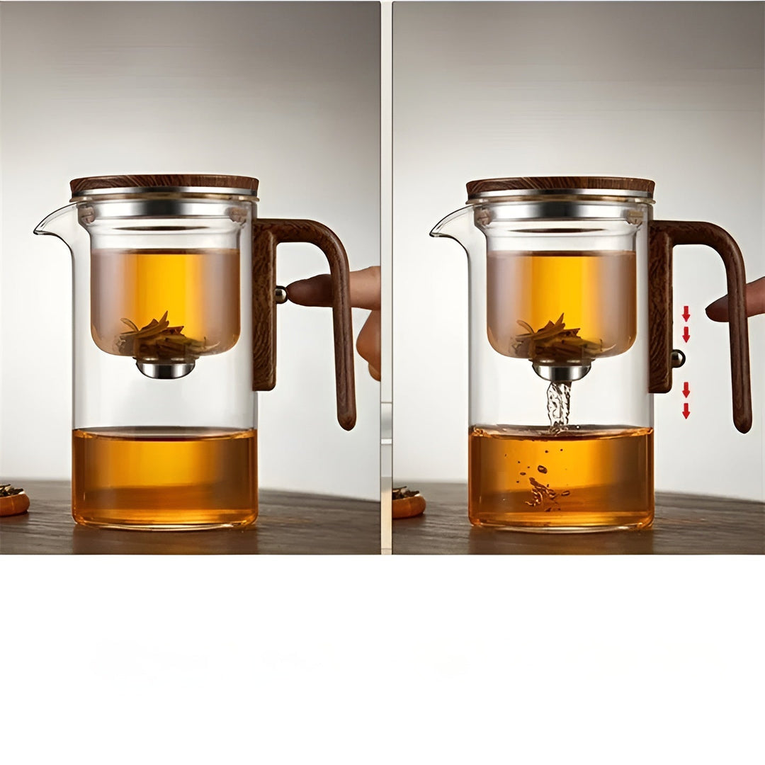 Glasstekanne med trehåndtak – filter med ett klikk | Ideell for løs te og Pu-erh-te