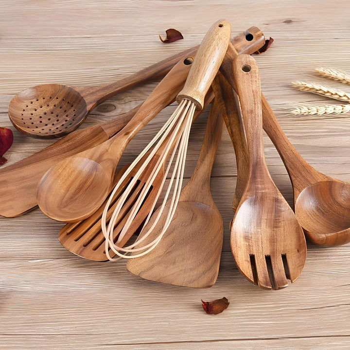 Skanto | 11-Delt Teak Kjøkkenverktøysett | Med Holder | Naturlig Tre
