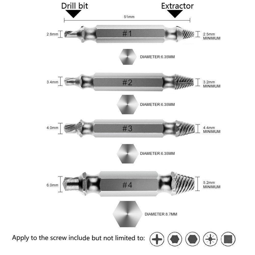 Skanto | Fin 4-pakning Skadet Skruextractor Bore Bits Guide Sett Ødelagt Speed Out Easy out Bolt Stud Strippet Skrue Fjerner Verktøy