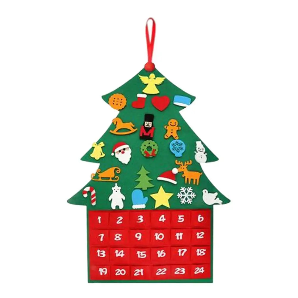 Skanto | Felt Juletre Adventskalender med 24 Lommer og Tegneserie Mønstre – Festlig Dekorasjon for Å Tell Ned til Jul