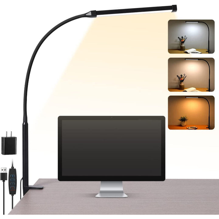 Skanto | LED Skrivebordslampe - Øyevennlig Skrivebordslampe med Klemme, Fleksibel Svingarm, 3 Moduser, 10 Lysnivåer, USB Adapter