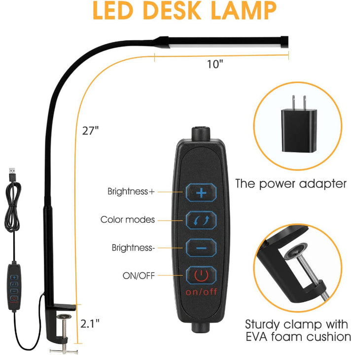 Skanto | LED Skrivebord Lampe med Lampe, øyevennlige Klips-Lys for Hjemmekontoret, 3 Moduser 10 Lysstyrkenivåer, lang fleksibel Gåsehals, Metall, Svingarm Arkitekt Oppgave Skrivebord Lamper med USB Adapter, Hvit