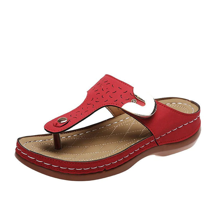 Skanto | 2022 Ny Kvinners Metall Dekor Funksjon Mønster Wedge Flip-Flops