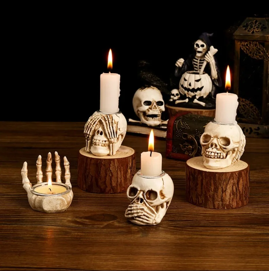 Skanto | GothicGlow 3pc Halloween Hodeskalle Lysestake Sett