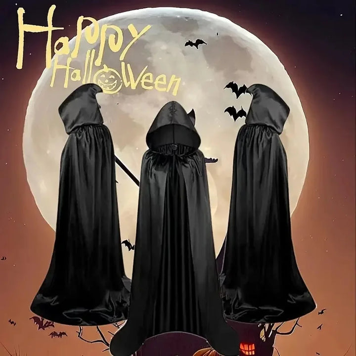 Svart kappe med hette – Lang unisex Halloween- & cosplay-sjal | Skanto