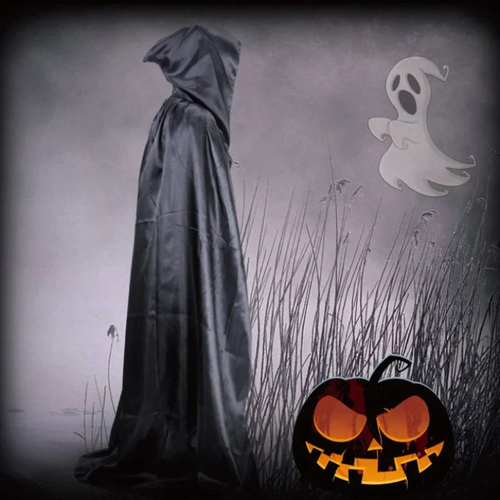 Svart kappe med hette – Lang unisex Halloween- & cosplay-sjal | Skanto