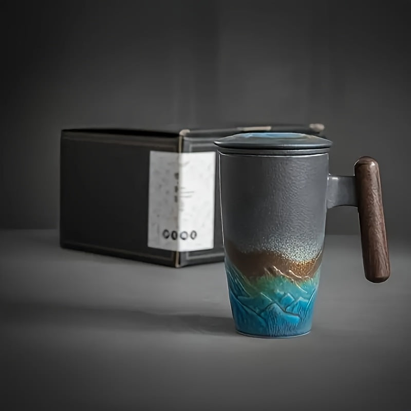 Skanto | TeaCraft Keramisk Kopp | Håndlaget | Med Te Filter og Trehåndtak | Retro Design