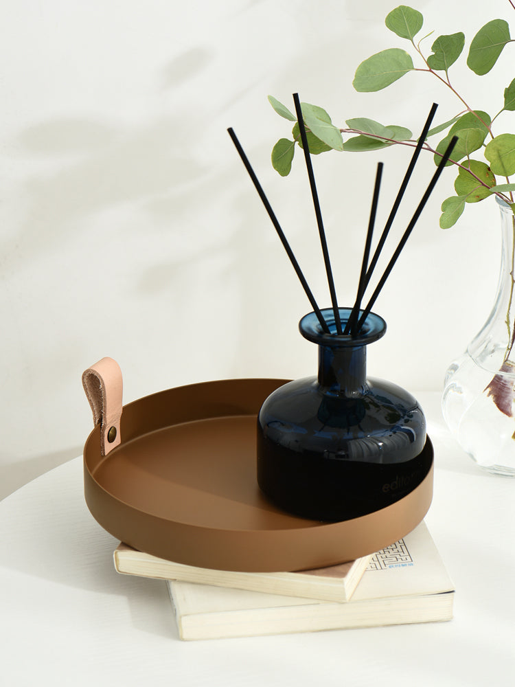 Norvo | Nordisk Stil Læderhåndtag Smidesjern Rundt Fat Plate Farge Oppbevaringsplate Vannglassplate Hjemmedekorasjon