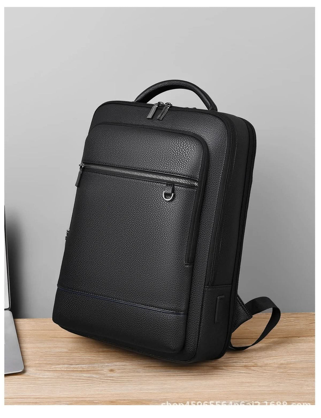 Eleganter Lederrucksack for Damen og Herren med USB-anschluss for laptop og täglichen bruk, 15,6 Zoll, schwarz