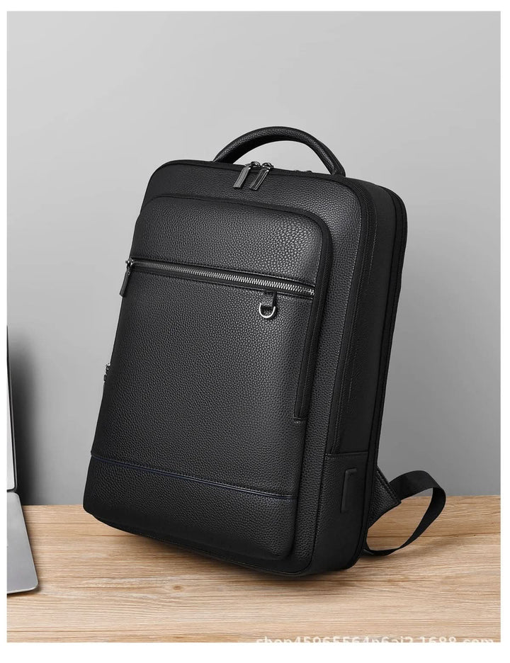 Eleganter Lederrucksack for Damen og Herren med USB-anschluss for laptop og täglichen bruk, 15,6 Zoll, schwarz