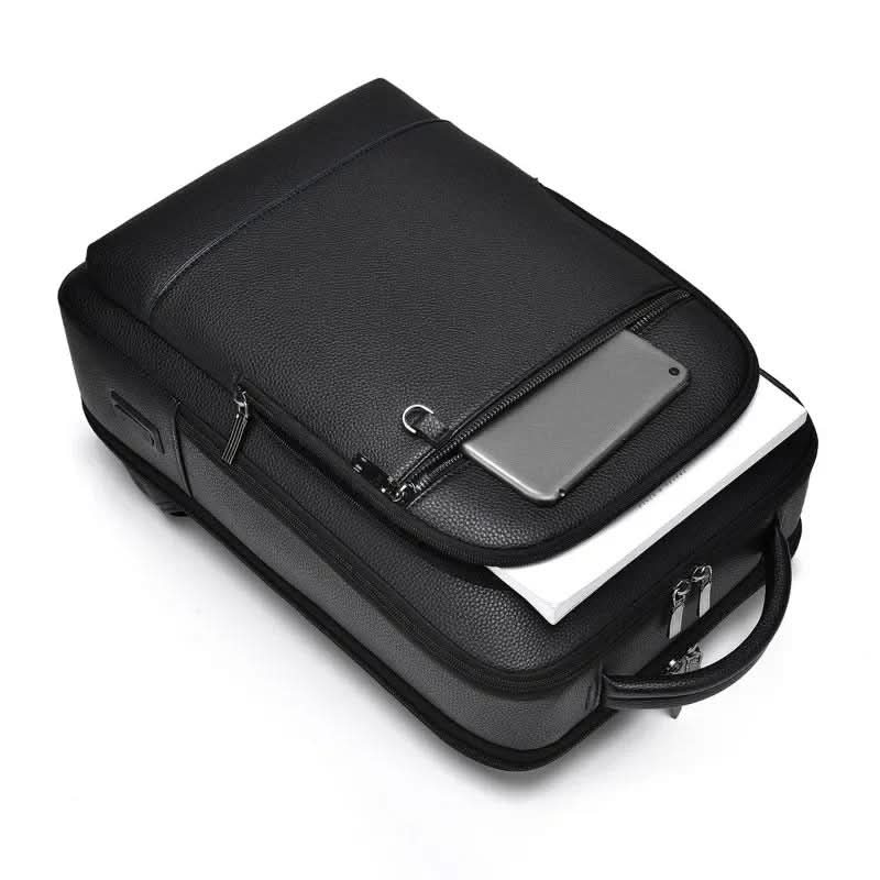 Eleganter Lederrucksack for Damen og Herren med USB-anschluss for laptop og täglichen bruk, 15,6 Zoll, schwarz