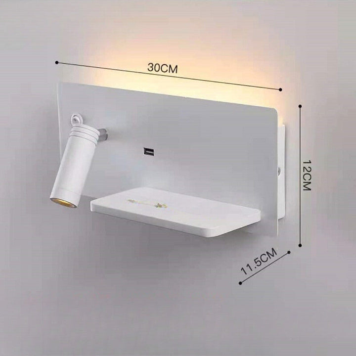 Moderne LED vegglampe med USB-tilkobling, vegglampe med hylle for soverom og kontor | Skanto