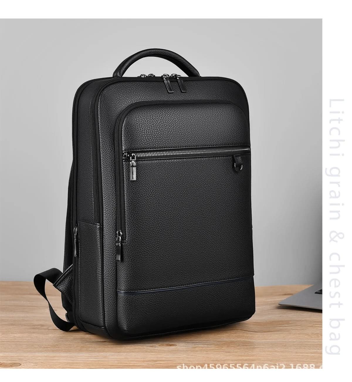 Norvo | Elegant lær ryggsekk for menn/kvinner med USB-port for laptop og hverdagsbruk, 15,6 tommer, svart