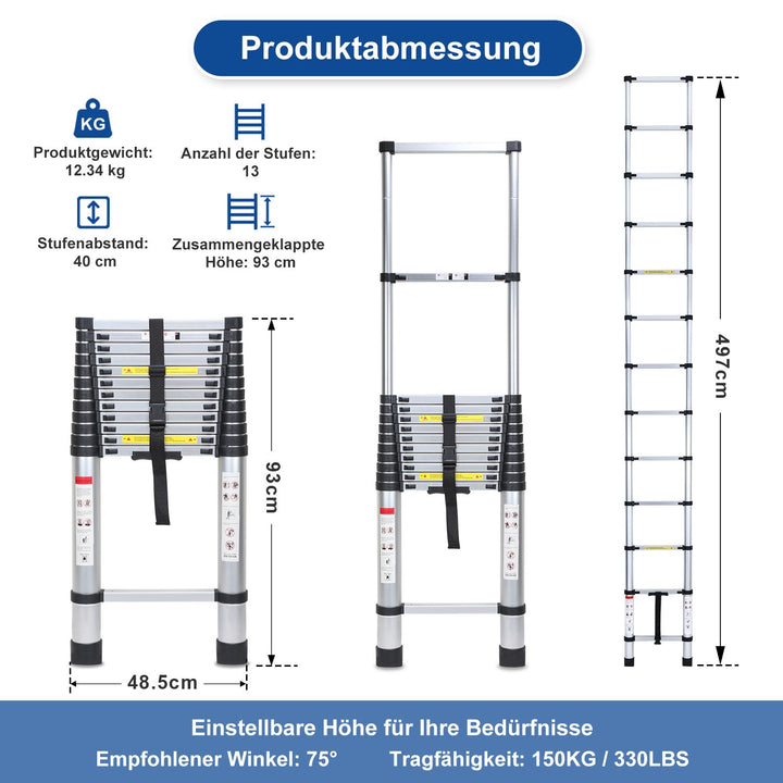 Teleskopisk stige Aluminium Belastningsevne opp til 150kg 2,6m-5m | Skanto