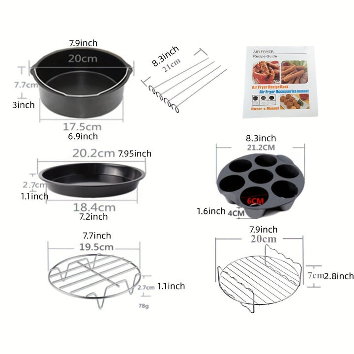 Skanto | 11-delt 8-tommers Air Fryer tilbehørsett - Kompatibel med 3,7QT - 6,8QT Air Fryer, BPA-fri, oppvaskmaskin sikker, non-stick med kokebok