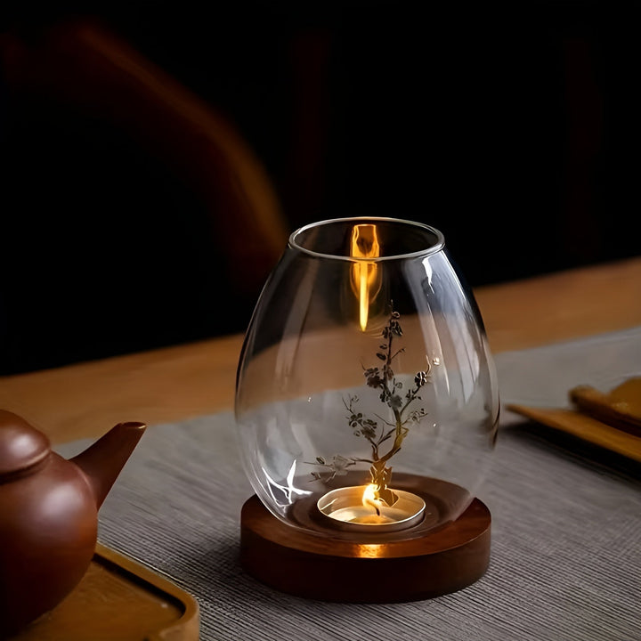 2-delt sett med lysestaker i glass med trebaser – dekorative i retro zen-stil | Perfekt for stuer, terrasser og uteområder
