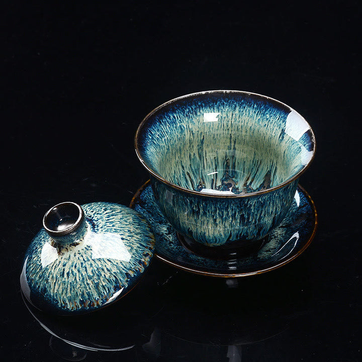 Skanto | Vintage Brennovn Keramisk Gaiwan Sancai Tekopp Tekopp og Tallerken med Lokk