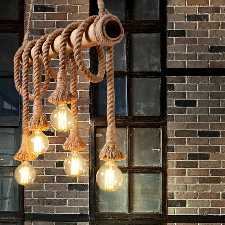 Skanto | Justerbar Bambus Pendellampe med Industriell Tau Design - EcoChic