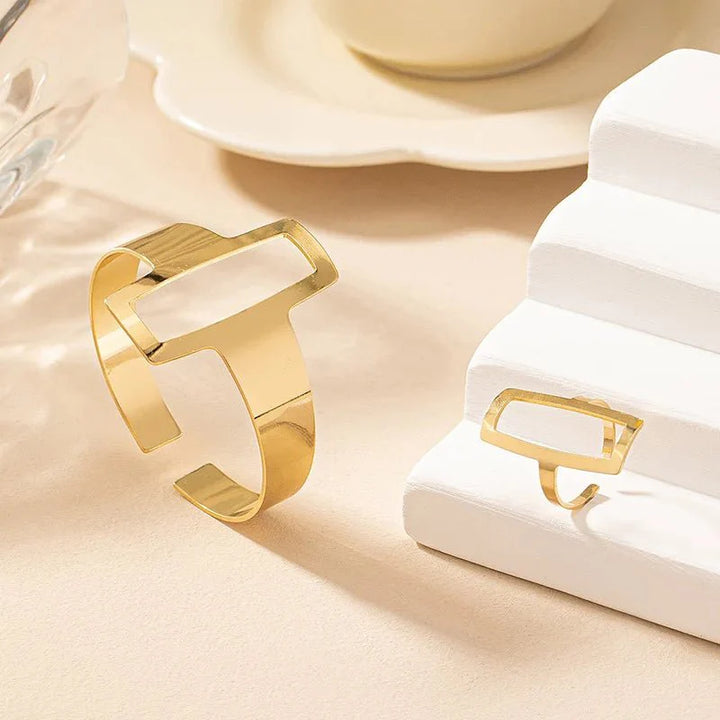 Skanto | Justerbar Geometrisk Rektangel Armbånd og Ring Sett