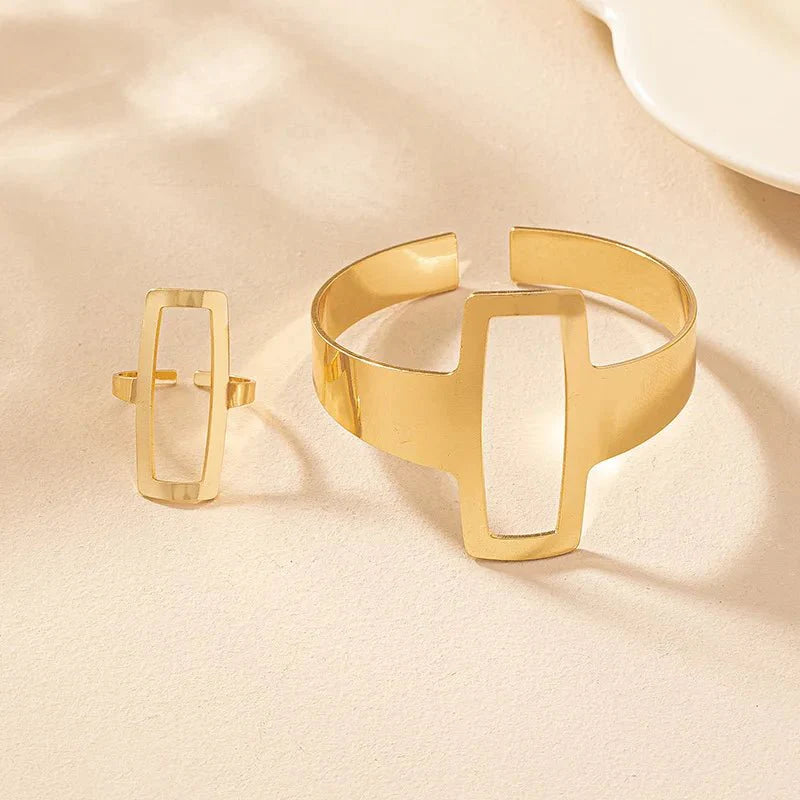 Skanto | Justerbar Geometrisk Rektangel Armbånd og Ring Sett