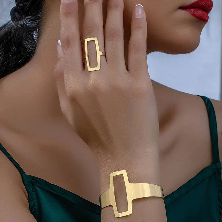 Skanto | Justerbar Geometrisk Rektangel Armbånd og Ring Sett