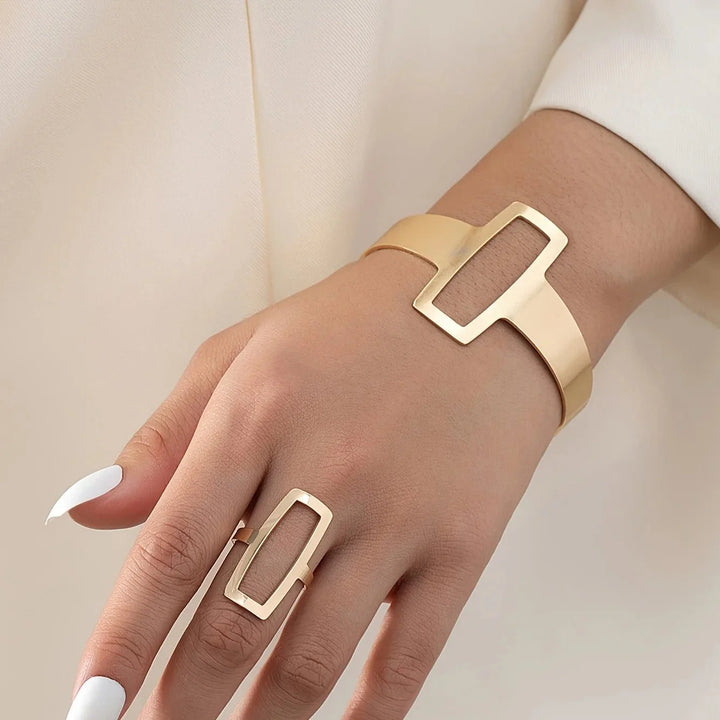 Skanto | Justerbar Geometrisk Rektangel Armbånd og Ring Sett