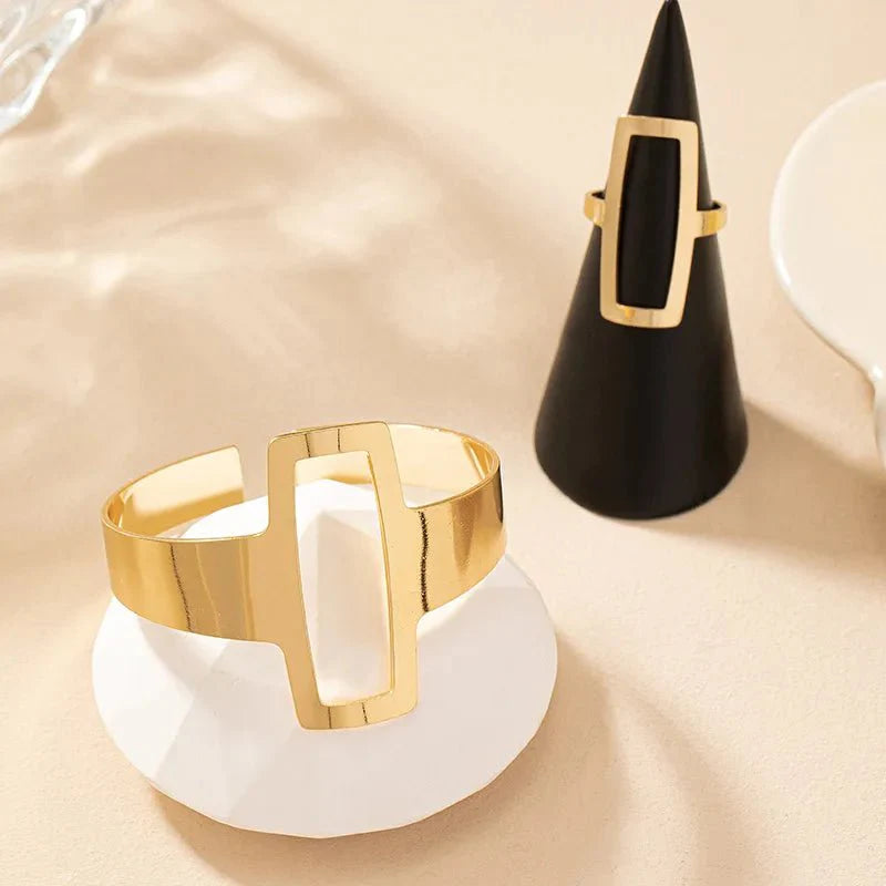 Skanto | Justerbar Geometrisk Rektangel Armbånd og Ring Sett