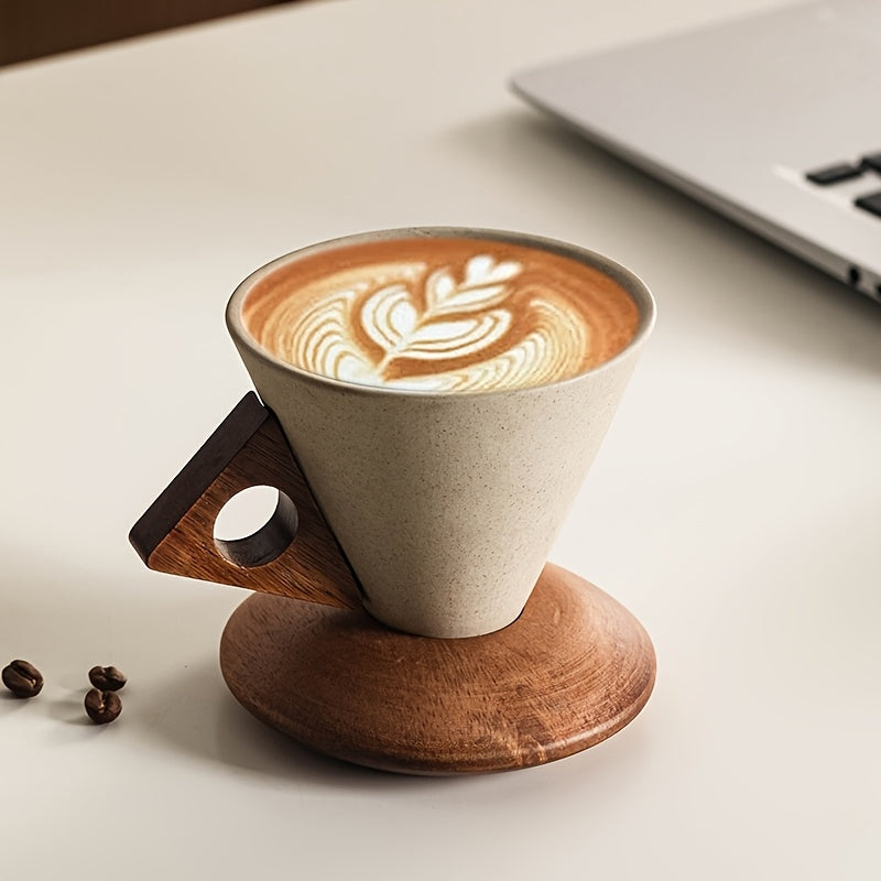 BaristaLuxe Keramisk Kaffekopp 250ml – Håndlaget med Trehåndtak og Underlag | Skanto