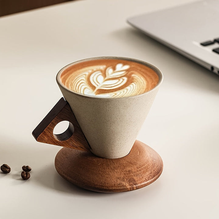 BaristaLuxe Keramisk Kaffekopp 250ml – Håndlaget med Trehåndtak og Underlag | Skanto